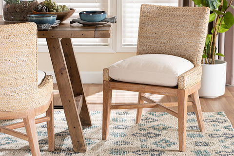 bali & pari Ridley Seagrass Dining Chair with Mahogany Wood Frame - Coastal Accent Chair with Woven Square Back and Cushioned Seat for Dining Room or Kitchen, Whitewash