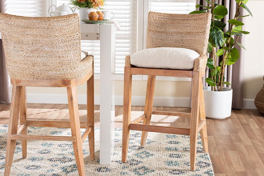 bali & pari Ridley Seagrass Bar Stool with Mahogany Wood Frame - Coastal Seating with Woven Square Back and Cushioned Seat for Bar Island or Lounge, Whitewash