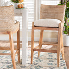 bali & pari Ridley Seagrass Bar Stool with Mahogany Wood Frame - Coastal Seating with Woven Square Back and Cushioned Seat for Bar Island or Lounge, Whitewash