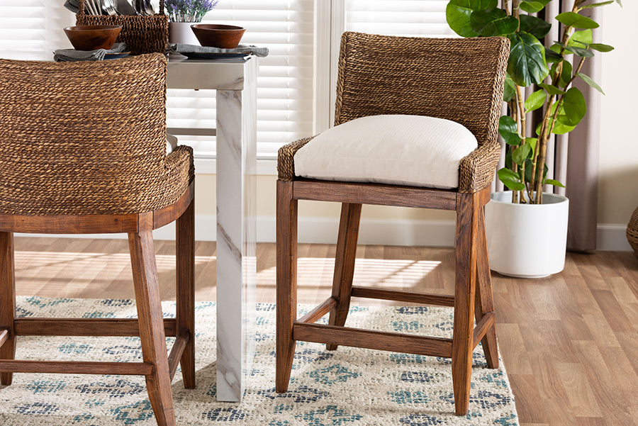 bali & pari Ridley Seagrass Counter Stool with Mahogany Wood Frame - Coastal Seating with Woven Square Back and Cushioned Seat for Kitchen Island or Breakfast Bar, Brown Wash