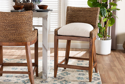 bali & pari Ridley Seagrass Counter Stool with Mahogany Wood Frame - Coastal Seating with Woven Square Back and Cushioned Seat for Kitchen Island or Breakfast Bar, Brown Wash