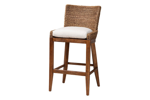 bali & pari Ridley Seagrass Bar Stool with Mahogany Wood Frame - Coastal Seating with Woven Square Back and Cushioned Seat for Bar Island or Lounge, Brown Wash