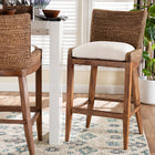 bali & pari Ridley Seagrass Bar Stool with Mahogany Wood Frame - Coastal Seating with Woven Square Back and Cushioned Seat for Bar Island or Lounge, Brown Wash