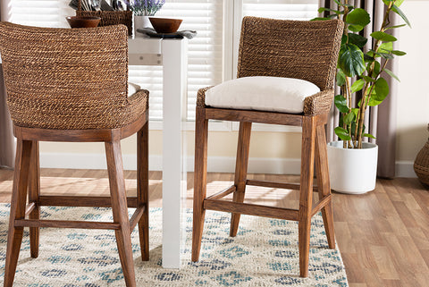 bali & pari Ridley Seagrass Bar Stool with Mahogany Wood Frame - Coastal Seating with Woven Square Back and Cushioned Seat for Bar Island or Lounge, Brown Wash