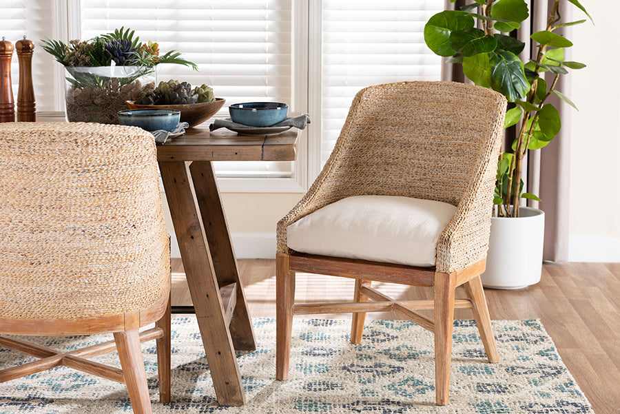bali & pari Jasper Seagrass Dining Chair with Mahogany Wood Frame - Coastal Accent Chair with Woven Wingback and Cushioned Seat for Dining Room or Kitchen, Whitewash