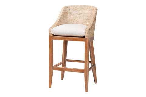 bali & pari Jasper Seagrass Bar Stool with Mahogany Wood Frame - Coastal Seating with Woven Wingback and Cushioned Seat for Bar Island or Lounge, Whitewash