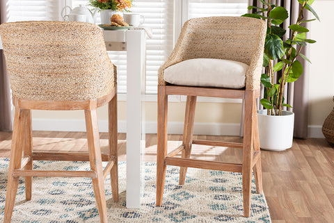 bali & pari Jasper Seagrass Bar Stool with Mahogany Wood Frame - Coastal Seating with Woven Wingback and Cushioned Seat for Bar Island or Lounge, Whitewash