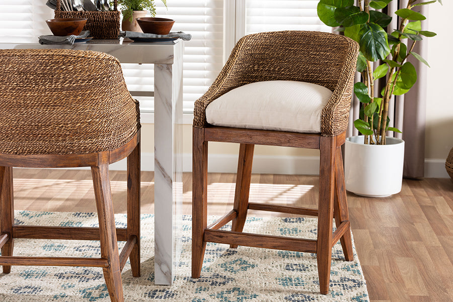 bali & pari Jasper Seagrass Counter Stool with Mahogany Wood Frame - Coastal Seating with Woven Wingback and Cushioned Seat for Kitchen Island or Breakfast Bar, Brown Wash