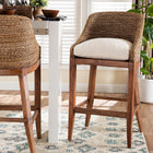bali & pari Jasper Seagrass Bar Stool with Mahogany Wood Frame - Coastal Seating with Woven Wingback and Cushioned Seat for Bar Island or Lounge, Brown Wash
