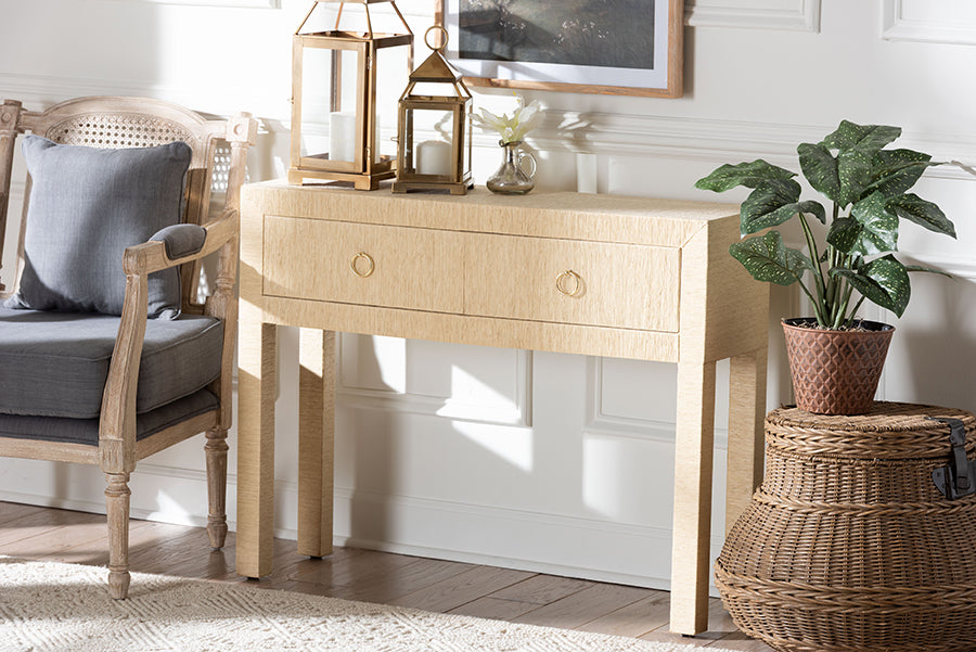 bali & pari Noah Grasscloth 2-Drawer Console Table - Woven Texture Entryway Table with Gold Ring Pulls, Narrow Hallway or Living Room Accent Table, Light Brown