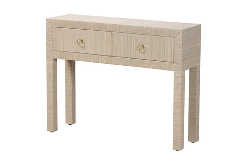 bali & pari Noah Grasscloth 2-Drawer Console Table - Woven Texture Entryway Table with Gold Ring Pulls, Narrow Hallway or Living Room Accent Table, Beige