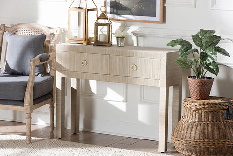 bali & pari Noah Grasscloth 2-Drawer Console Table - Woven Texture Entryway Table with Gold Ring Pulls, Narrow Hallway or Living Room Accent Table, Beige