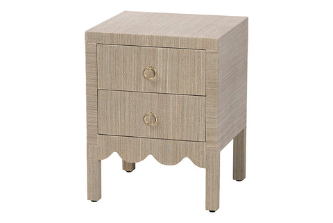 bali & pari Juniper Grasscloth Nightstand with Scalloped Base - Woven Texture 2-Drawer Bedside Table with Gold Ring Pulls, Accent Bedroom Storage Furniture