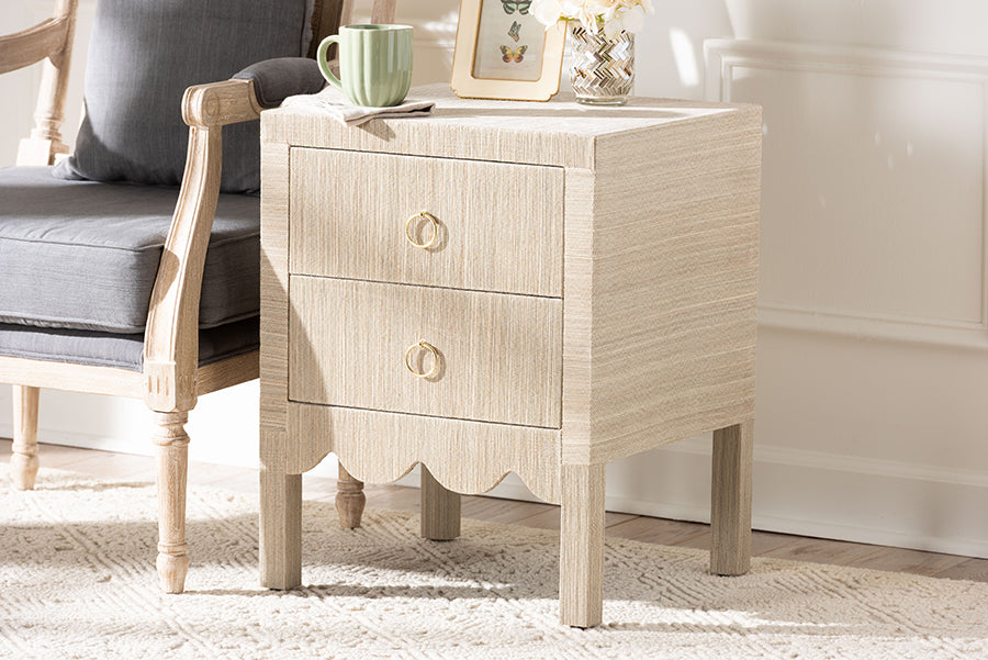 bali & pari Juniper Grasscloth Nightstand with Scalloped Base - Woven Texture 2-Drawer Bedside Table with Gold Ring Pulls, Accent Bedroom Storage Furniture