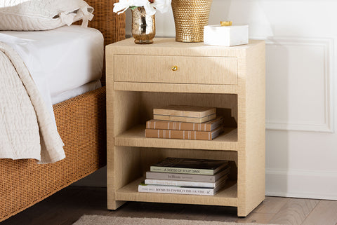 bali & pari William Grasscloth 1-Drawer Nightstand with Open Shelves - Woven Texture Bedside Table with Gold Knob, Modern Coastal Accent Table for Bedroom