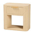 bali & pari Beauford Grasscloth 1-Drawer Nightstand with Open Shelf - Woven Texture Bedside Table with Rounded Corners and Gold Handle, Modern Coastal Accent Table for Bedroom or Living Room