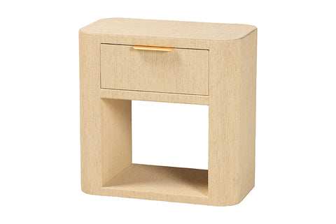 bali & pari Beauford Grasscloth 1-Drawer Nightstand with Open Shelf - Woven Texture Bedside Table with Rounded Corners and Gold Handle, Modern Coastal Accent Table for Bedroom or Living Room