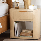 bali & pari Beauford Grasscloth 1-Drawer Nightstand with Open Shelf - Woven Texture Bedside Table with Rounded Corners and Gold Handle, Modern Coastal Accent Table for Bedroom or Living Room