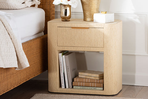 bali & pari Beauford Grasscloth 1-Drawer Nightstand with Open Shelf - Woven Texture Bedside Table with Rounded Corners and Gold Handle, Modern Coastal Accent Table for Bedroom or Living Room