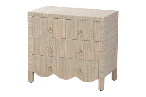 bali & pari Umika Grasscloth Nightstand with Scalloped Base - 3-Drawer Accent Chest with Gold Ring Pulls, Bedroom Storage Table or Side Cabinet