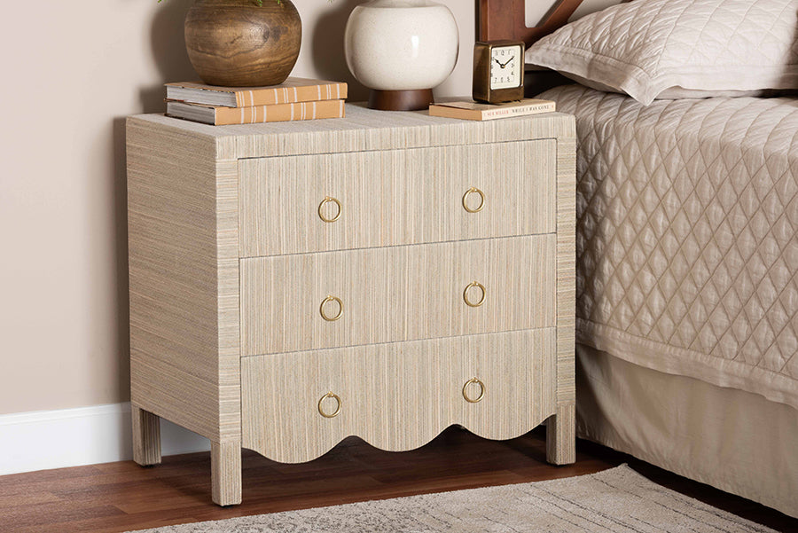 bali & pari Umika Grasscloth Nightstand with Scalloped Base - 3-Drawer Accent Chest with Gold Ring Pulls, Bedroom Storage Table or Side Cabinet
