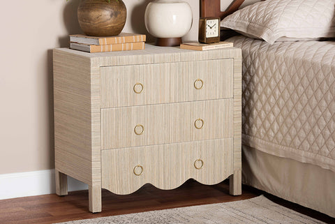bali & pari Umika Grasscloth Nightstand with Scalloped Base - 3-Drawer Accent Chest with Gold Ring Pulls, Bedroom Storage Table or Side Cabinet