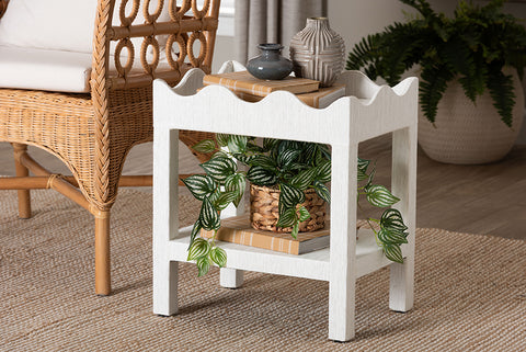 bali & pari Sebastian Grasscloth Scalloped End Table - 2-Tier Accent Table with Open Shelf Storage for Living Room, Bedroom, or Entryway, White