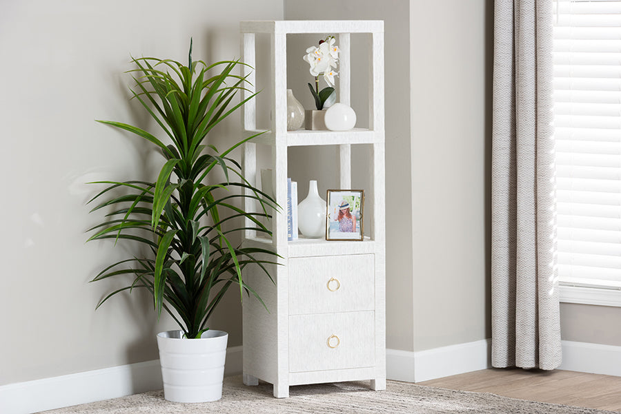 bali & pari Xavier Grasscloth Tall Storage Cabinet - Woven Accent Displaying Tower Bookcase with Open Shelves and Drawers, Space-Saving Organizer for Living Room, Bedroom, or Entryway