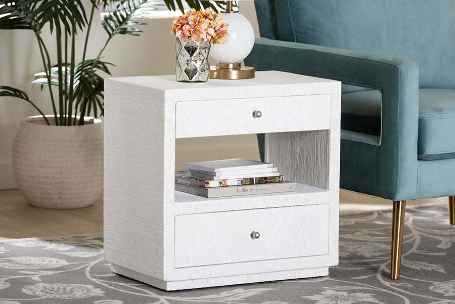bali & pari Kai Grasscloth End Table - 2-Drawer Accent Table or Nightstand with Open Shelf, Handwoven Decor for Bedroom or Living Room