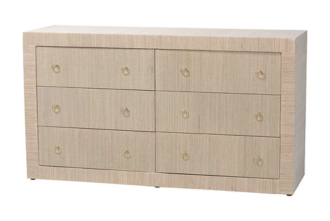 bali & pari Sage Natural Grasscloth Dresser - 6-Drawer Bedroom Storage Cabinet with Gold Ring Pulls, Modern Coastal Chest of Drawers