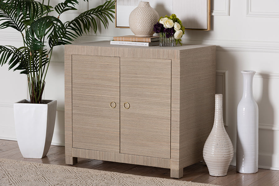 bali & pari Halen Natural Grasscloth Storage Cabinet - Two-Door Console Storage Solution with Gold Ring Pulls, Modern Coastal Organizer for Entryway, Living Room or Bedroom