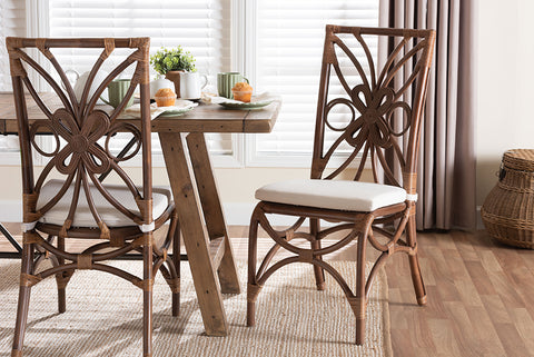 bali & pari Brama Natural Rattan Dining Chair with Decorative Backrest and Cushioned Seat, Boho Coastal Style Seating for Dining Room or Kitchen