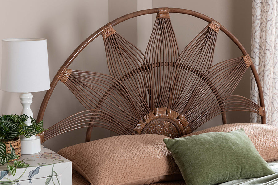 bali & pari Jasmine Natural Rattan Headboard with Sunburst Design - Boho Coastal Style Standalone Headboard, Light Brown, Queen