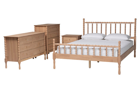 Baxton Studio Laurent Bamboo-Style 4-Piece Bedroom Set - Spindle Platform Bed with Matching Dresser, Chest, and Nightstand, Cottage Farmhouse Style, Queen