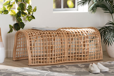 bali & pari Daiki Natural Rattan Bench with Curved Frame - Lightweight Decorative Accent Seating for Entryway, Bedroom, or Living Room