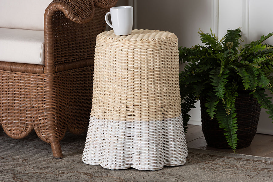 bali & pari Sarna Natural Rattan End Table - Handwoven Wicker Accent Table with Scalloped Base and Two-Tone Finish, Boho Coastal Style Side Table