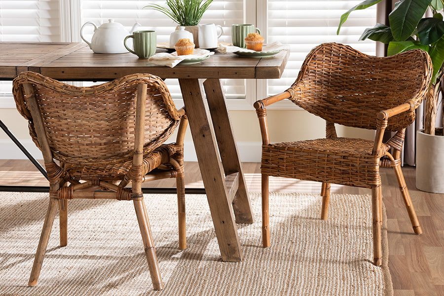 bali & pari Tara 2-Piece Natural Rattan Dining Chair - Handwoven Wicker Armchair with Curved Backrest, Boho Coastal Seating