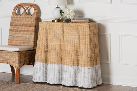 bali & pari Palm Scallop Natural Rattan Console Table - Handwoven Wicker Accent Table, Coastal & Boho Decor, Rectangle 36", Two-Tone White/Natural