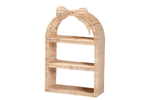 bali & pari Creusa Natural Rattan Wall Shelf - 3-Tier Decorative Storage Rack with Arched Frame and Woven Bow Accent, Boho Coastal Display Shelf