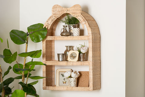 bali & pari Creusa Natural Rattan Wall Shelf - 3-Tier Decorative Storage Rack with Arched Frame and Woven Bow Accent, Boho Coastal Display Shelf