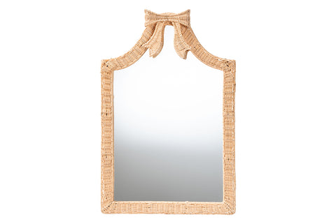 bali & pari Creusa Natural Rattan Wall Mirror - Handwoven Arched Mirror with Scalloped Corners and Bow Accent, Artistic Decor with Boho Coastal Style