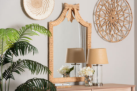 bali & pari Creusa Natural Rattan Wall Mirror - Handwoven Arched Mirror with Scalloped Corners and Bow Accent, Artistic Decor with Boho Coastal Style