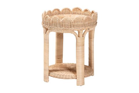 bali & pari Latoya Natural Rattan End Table - Handwoven Wicker 2-Tier Side Table with Scalloped Border for Living Room or Bedroom
