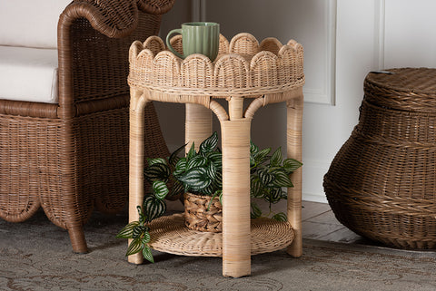 bali & pari Latoya Natural Rattan End Table - Handwoven Wicker 2-Tier Side Table with Scalloped Border for Living Room or Bedroom