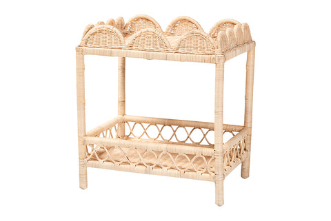 bali & pari Eloisa Natural Rattan End Table - Handwoven Wicker 2-Tier Side Table with Scalloped Border for Living Room or Bedroom