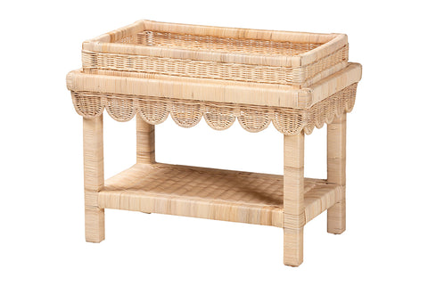 bali & pari Weyman Scalloped Rattan End Table with Removable Tray Top - Handwoven Rattan Accent Table with Shelf, Coastal Boho Style Side Table for Living Room or Bedroom