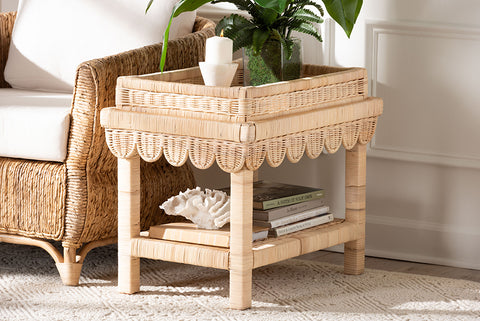 bali & pari Weyman Scalloped Rattan End Table with Removable Tray Top - Handwoven Rattan Accent Table with Shelf, Coastal Boho Style Side Table for Living Room or Bedroom