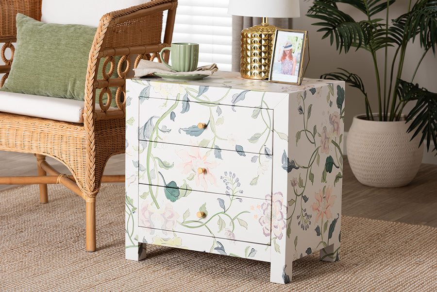 Baxton Studio Connery Floral  End Table - 3-Drawer Decorative Accent Storage Cabinet