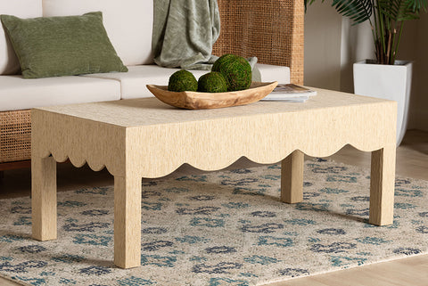bali & pari Mason Natural Grasscloth Coffee Table - Rectangular Accent Table with Scalloped Apron, Modern Coastal Living Room Centerpiece