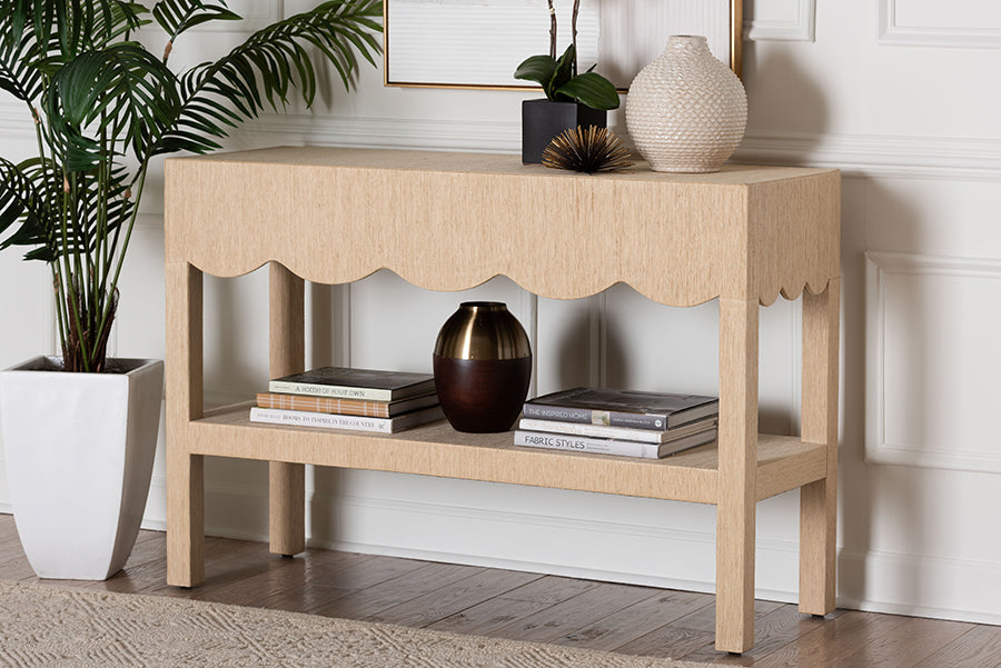 bali & pari Mason Natural Grasscloth Console Table - Two-Tier Entryway Table with Scalloped Apron, Modern Coastal Accent Table for Living Room or Hallway
